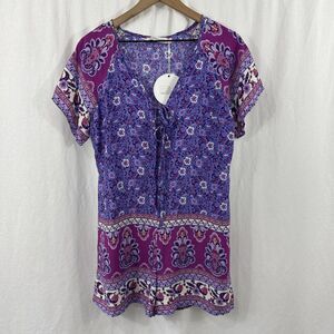 Rusttydustty Purple Boho Tie Front Festival Colorful Romper Size S Beach